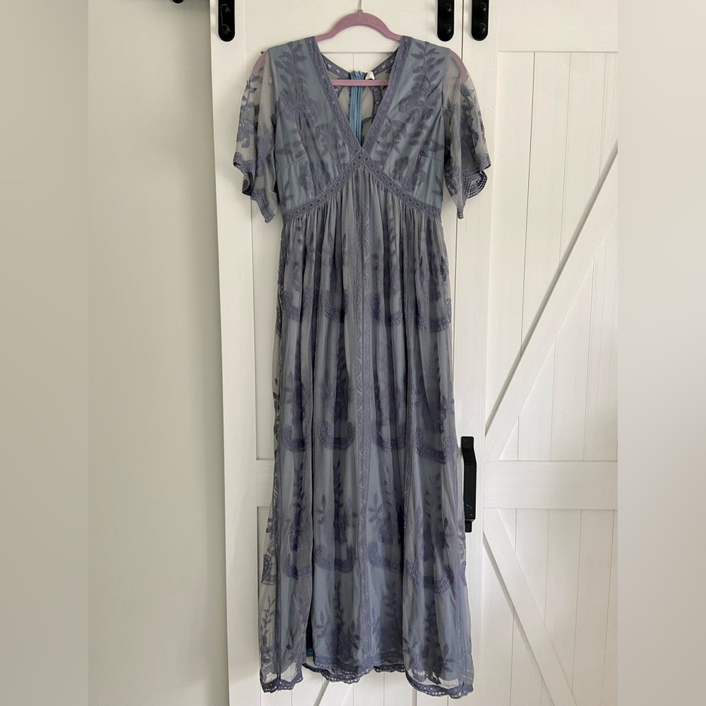 PinkBlush Blue Lace Mesh Overlay Maternity Maxi Dress